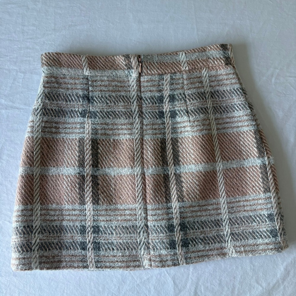 Lulus Tan Plaid Tweed Mini Skirt High Waisted A-Line Lined Size S - Picture 8 of 9